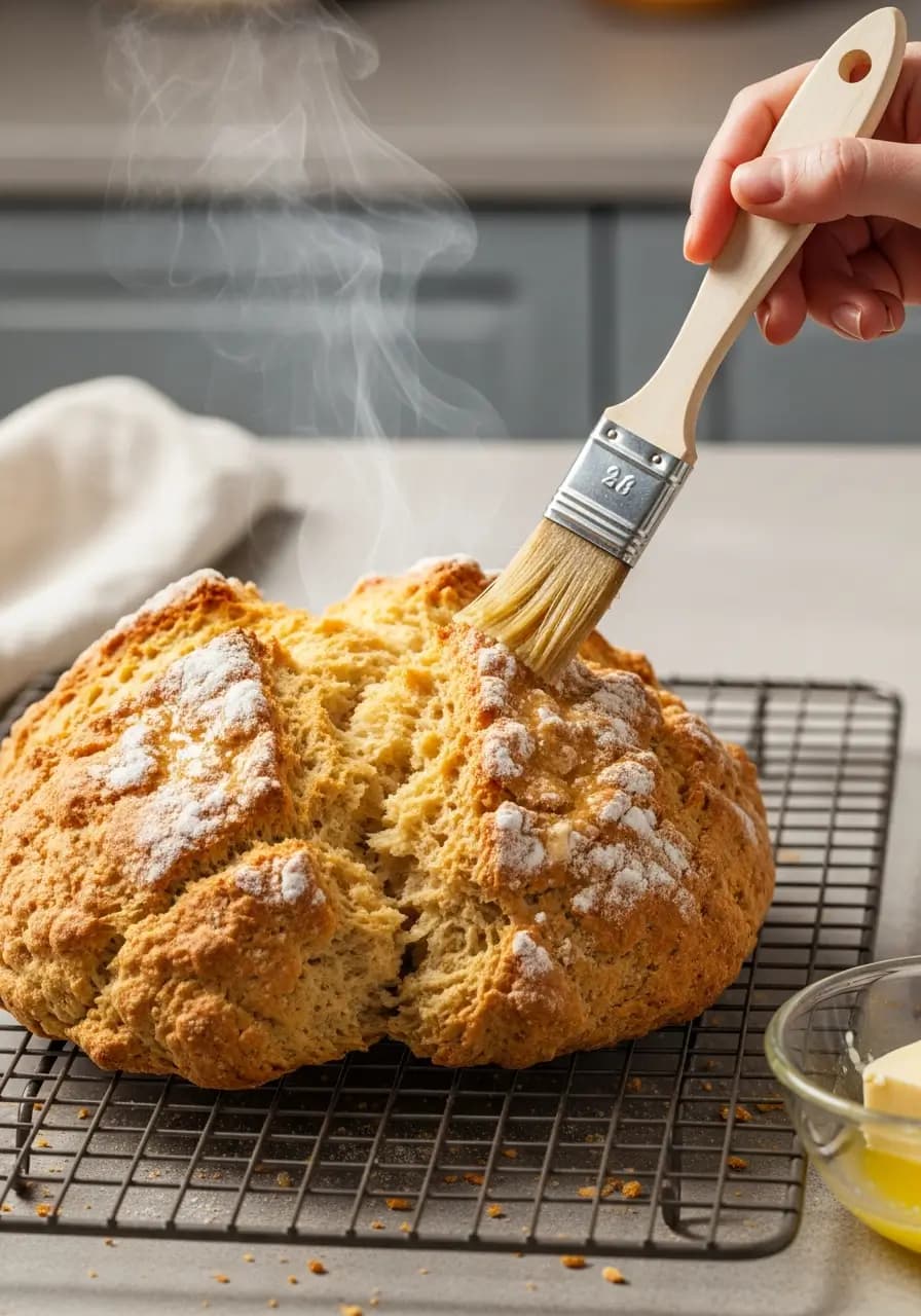 Brushing hot baked Irish soda bread with melted butter for glossy finish immediately after baking