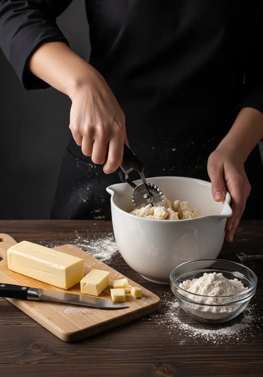 Cutting cold butter cubes into flour mixture with pastry cutter for Irish soda bread dough
