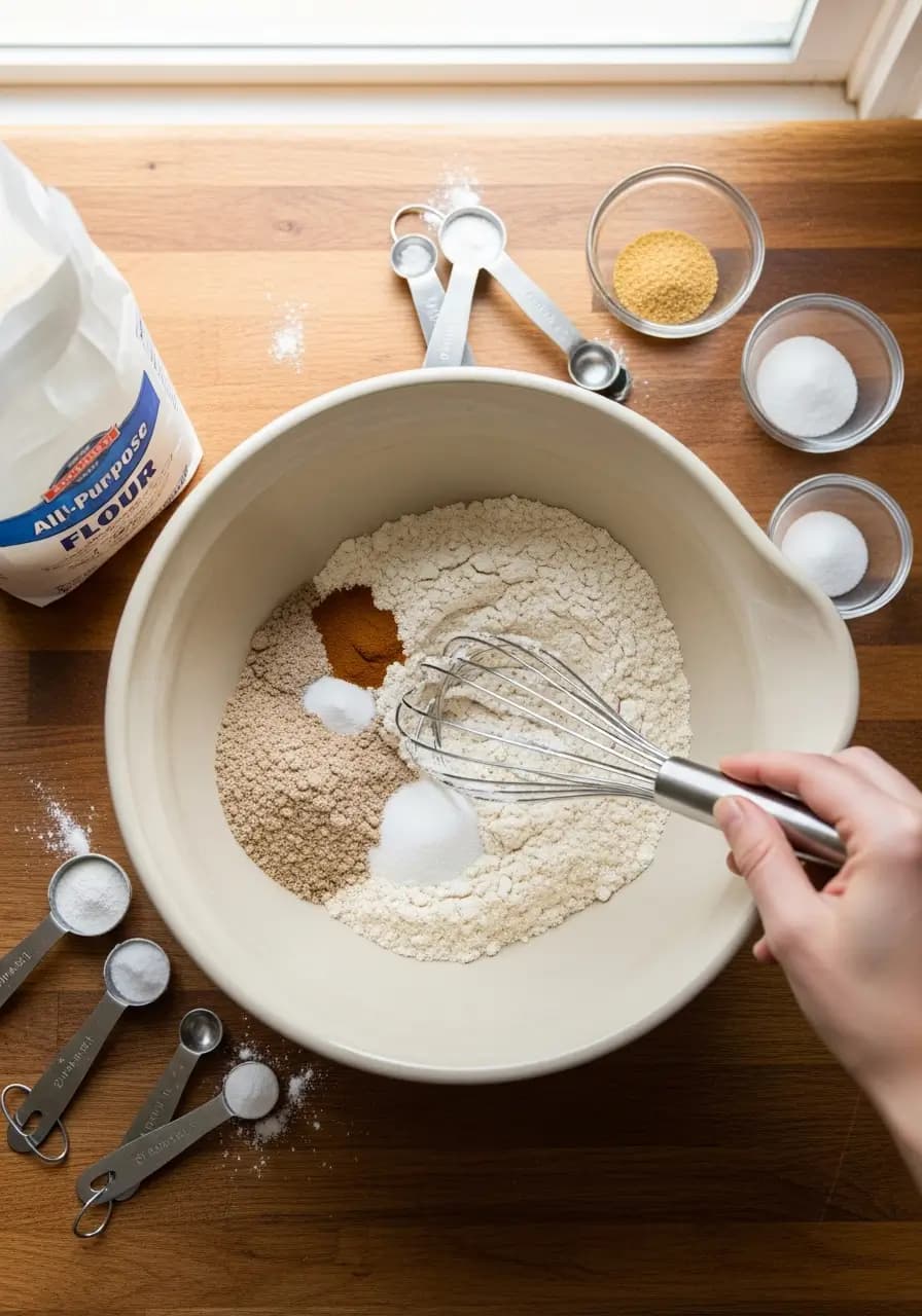 Whisking together flour, baking soda, salt and sugar in large bowl for sourdough Irish soda bread
