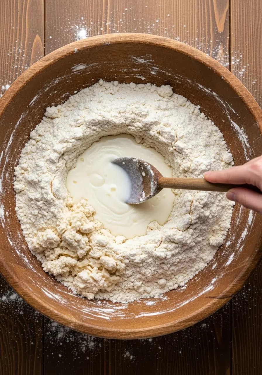 Gently mixing shaggy Irish soda bread dough with wooden spoon showing proper minimal mixing technique