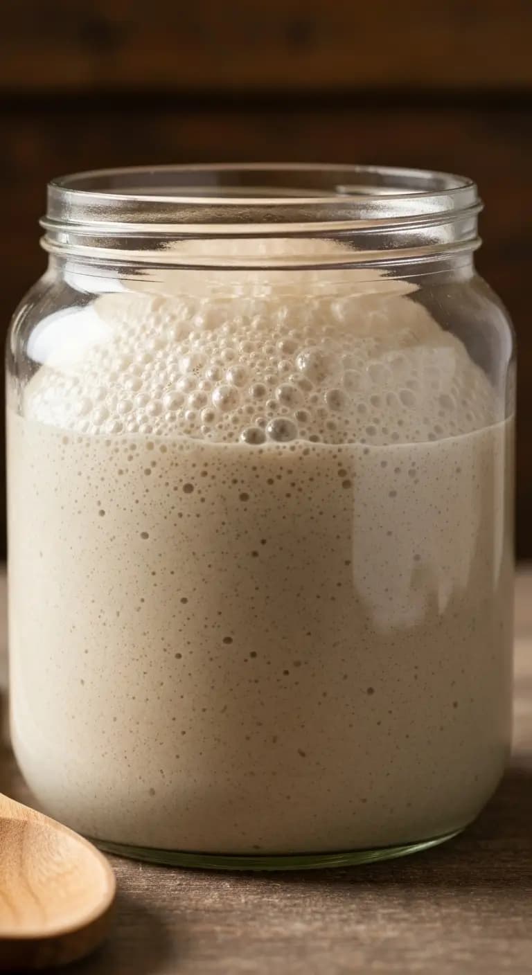 Active bubbly sourdough starter at peak rise in glass jar ready for Kaslo pasta fermentation