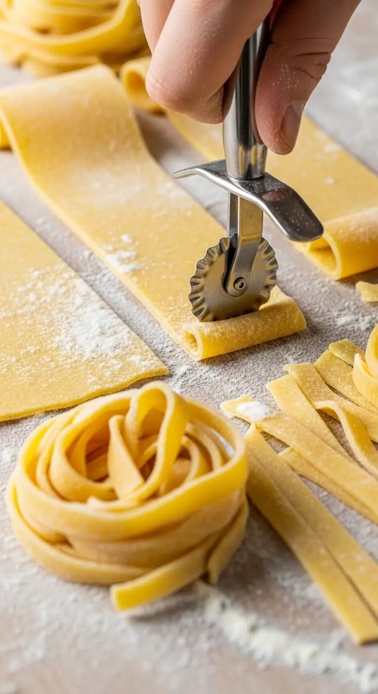 Cutting rolled Kaslo sourdough pasta sheet into fettuccine strips with sharp knife