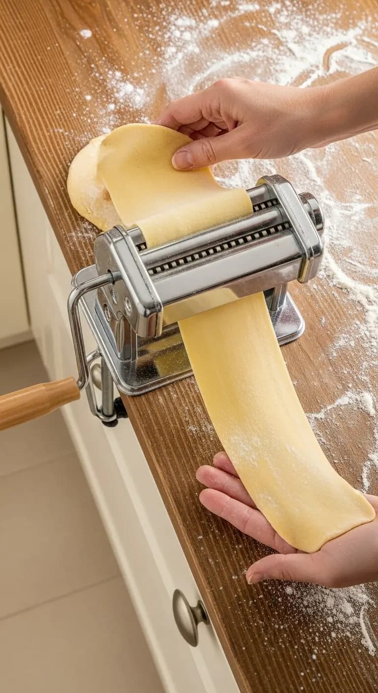Rolling fermented Kaslo pasta dough through pasta machine showing thin sheets with perfect texture