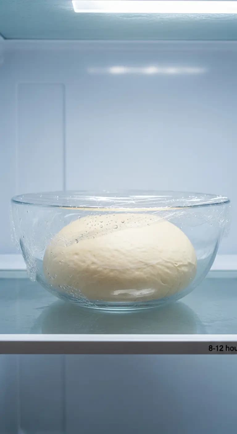 Sourdough bagel dough in covered bowl after overnight cold fermentation in refrigerator