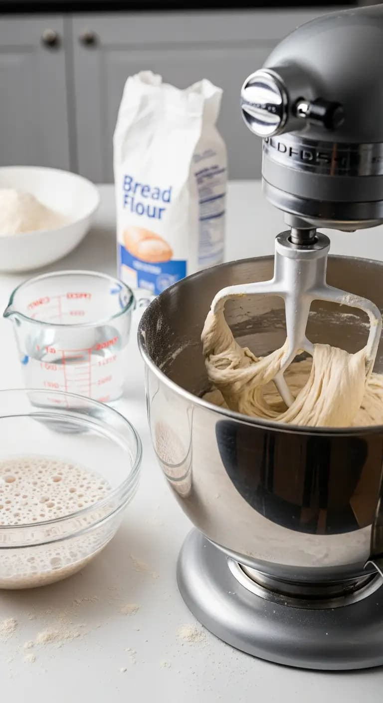 Mixing stiff sourdough bagel dough in stand mixer showing dense consistency with sourdough starter