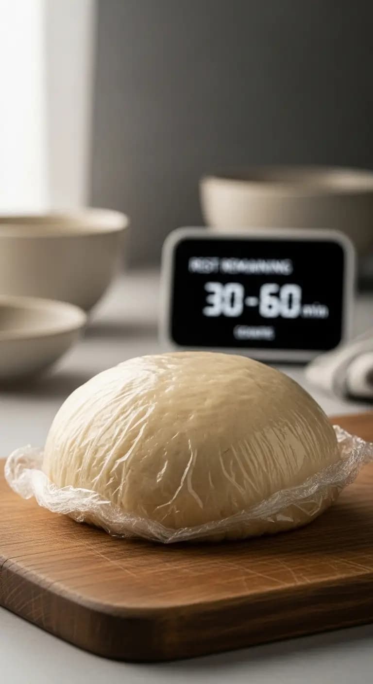 Smooth ball of fermented Kaslo pasta dough wrapped in plastic wrap resting before rolling