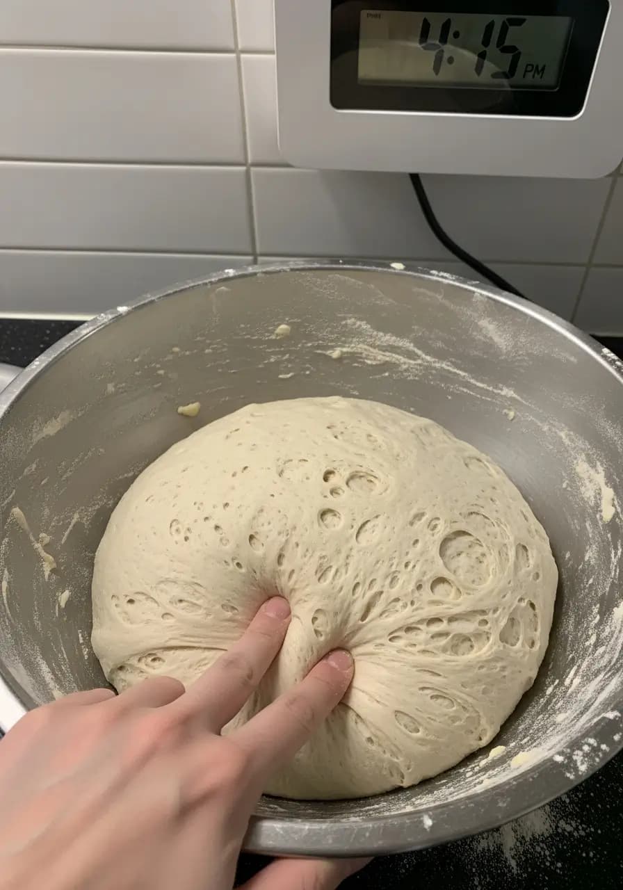 Same day pizza dough after 2 hours showing nearly doubled volume with bubbles