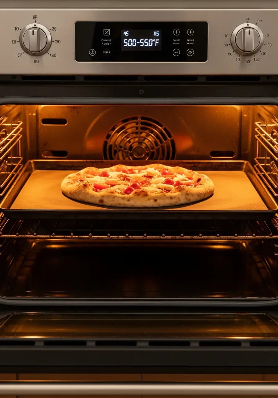 Pizza stone preheating in hot oven at maximum temperature for 45 minutes