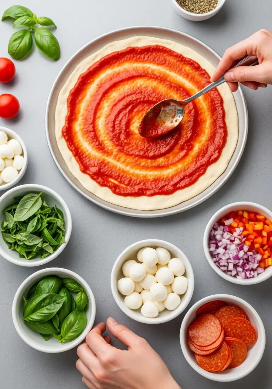 Spreading sauce and adding light toppings to par-baked gluten free pizza crust