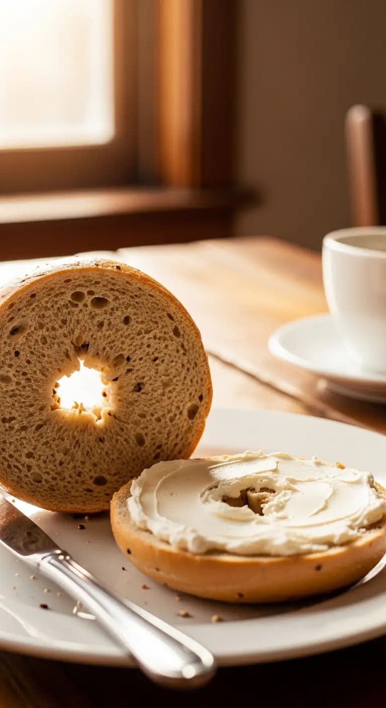 Sliced sourdough bagel with cream cheese showing dense chewy interior texture and golden crust
