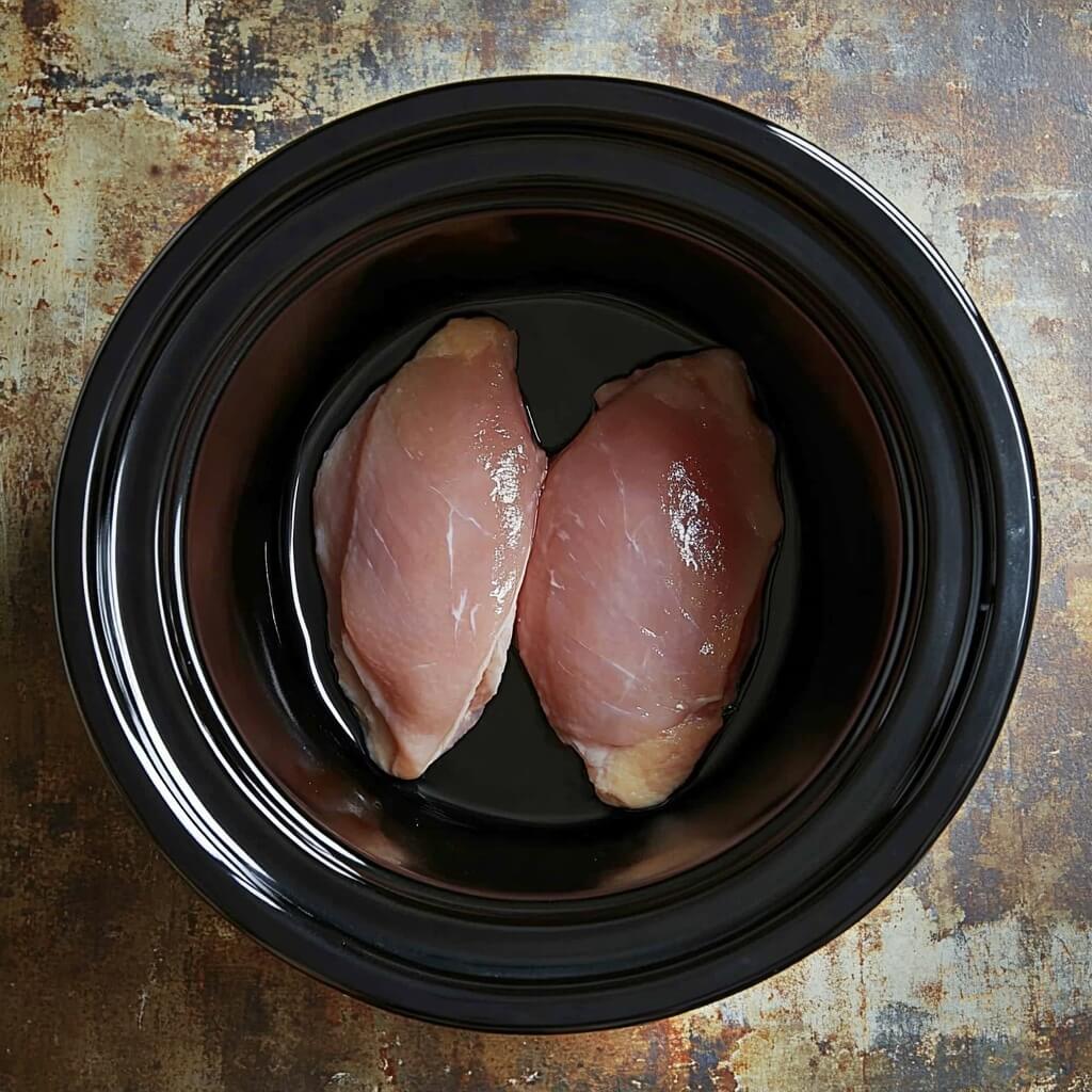Two raw chicken breasts placed in a black slow cooker on a rustic surface.