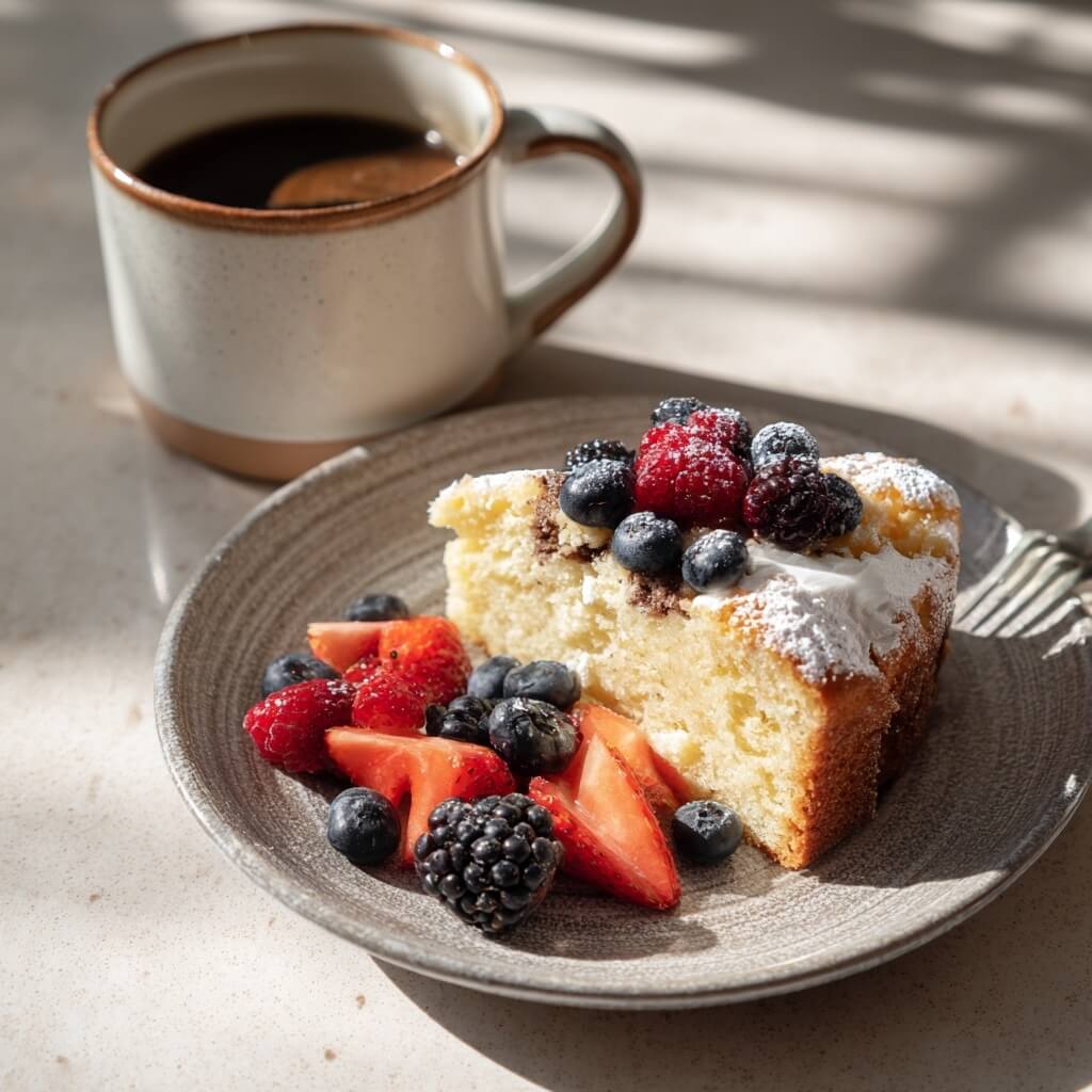 Served slice of healthy Greek yogurt coffee cake