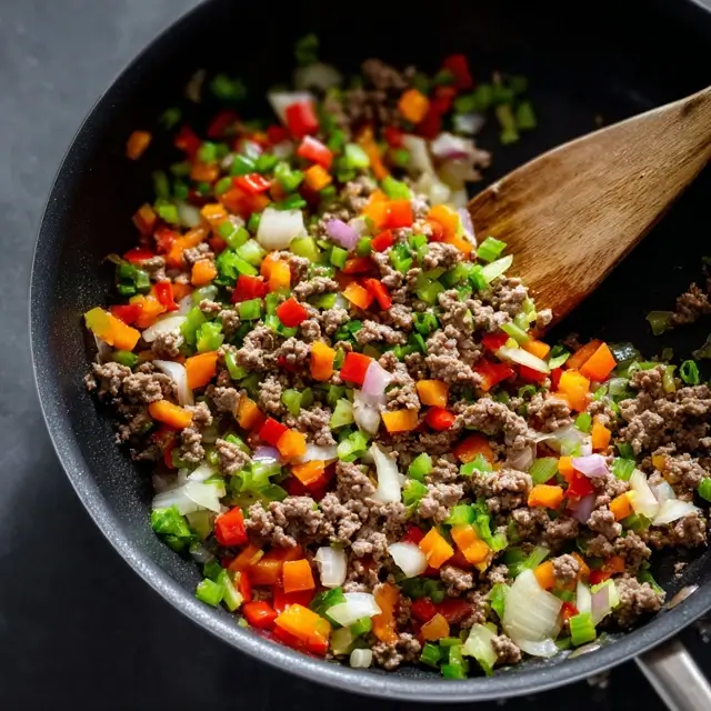 Ground beef being browned in a skillet with a wooden spoon for a quick stir fry recipe.