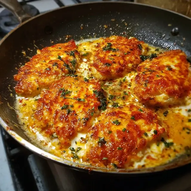 Chicken breasts being cooked in a skillet with olive oil for a creamy Parmesan chicken pasta recipe.