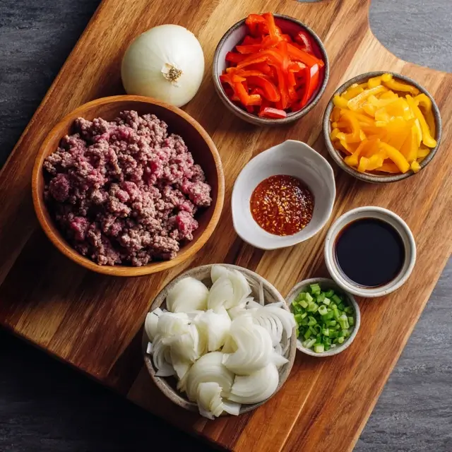 Labeled ingredients for ground beef stir fry, including ground beef, bell peppers, green beans, broccoli, soy sauce, and honey on a counter.