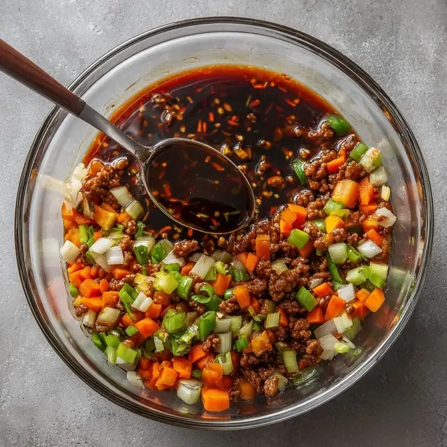 Whisking soy sauce, honey, and cornstarch in a bowl to create a sweet-savory sauce for ground beef stir fry.