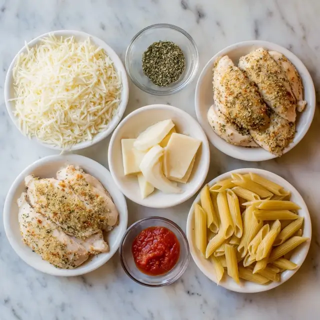 Ingredients for Parmesan chicken pasta, including chicken breasts, penne, Parmesan cheese, garlic, and half-and-half on a counter.