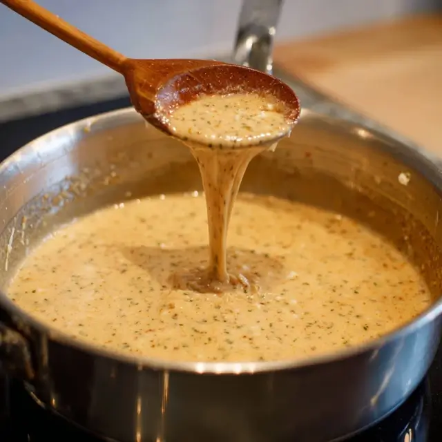 Whisking garlic, Parmesan, and half-and-half in a skillet to make a creamy sauce for Parmesan chicken pasta.