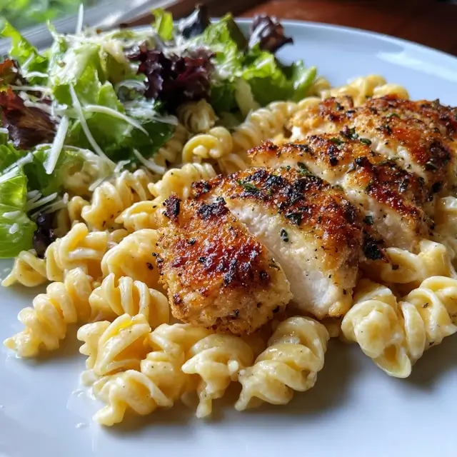 A plate of creamy Parmesan chicken pasta with penne, garnished with parsley, served alongside a fresh side salad.