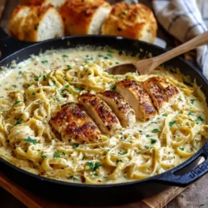 A skillet of creamy garlic Parmesan chicken pasta, garnished with fresh parsley, ready for a healthy dinner.