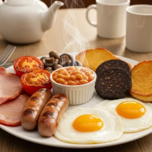 A hearty full English breakfast featuring two sunny-side-up eggs, back bacon, pork sausages, a portion of baked beans, grilled tomato halves, sautéed mushrooms, and a slice of black pudding.